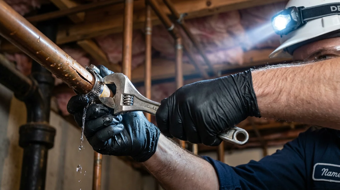 Emergency pipe clamp repair being performed by a Johns Plumbing LLC plumber in Brodhead
