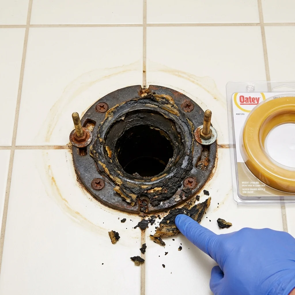 Failed wax ring showing water seepage at the base of a toilet in a Brodhead, WI home