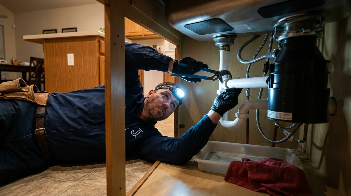 P-trap and supply line connections under a kitchen sink showing a common leak point in Brodhead, WI